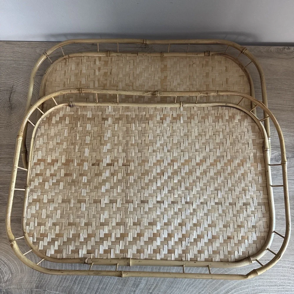 Rattan Bamboo Wicker Trays MCM Mid Century Woven Boho‎ Kitsch Tiki Bar Lot of 2